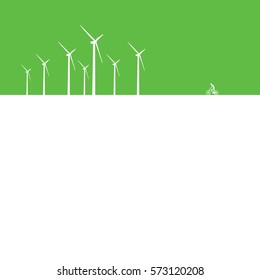 Wind turbine farm and cyclist vector illustration as a symbol of ecology, nature and environment protection. Eps10 vector illustration.