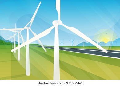 Wind turbine farm in green fields during sunrise. Ecology environmental background for presentations, websites, infographics and banners. Modern realistic design