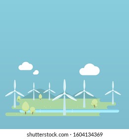 Wind turbine farm landscape illustration flat design.