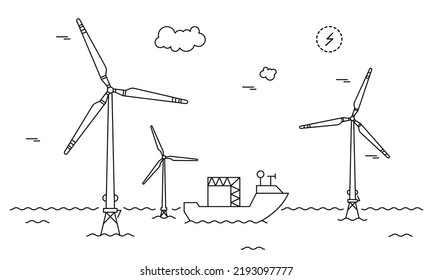 Wind turbine farm. Line art style.