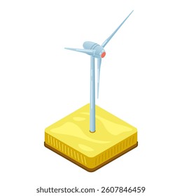 Wind Turbine in a Field. Isometric vector illustration of a wind turbine installed in an open field. Represents clean and renewable wind energy generation in rural or agricultural landscapes.