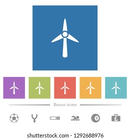 Wind turbine flat white icons in square backgrounds. 6 bonus icons included.