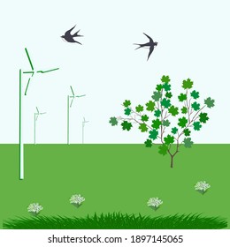 Wind turbine, flowering tree, flying swallows - vector. Alternative energy. Clean energy.