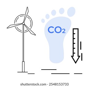 Turbinas eólicas e pegada com texto de CO2 e seta para baixo simbolizando a redução de carbono. Ideal para conscientização ambiental, energia renovável, pegada de carbono, mudanças climáticas, sustentabilidade. Simples