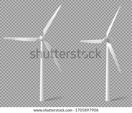 Wind turbine front and angle view. Alternative renewable power generation, green energy concept. Vector realistic mockup of windmill with white vanes isolated on transparent background