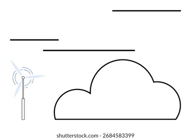 Wind turbine generating clean energy next to large cloud with wind lines indicating movement. Ideal for renewable energy, wind power, clean energy, sustainability, green technology, environmental