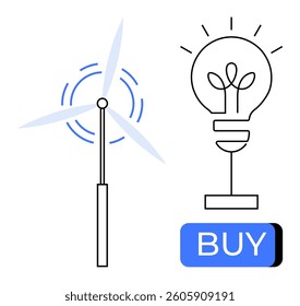 Wind turbine generating energy and light bulb icon with a glowing effect, accompanied by a buy button. Ideal for renewable energy, green tech, innovation, sustainability, eco-friendly products