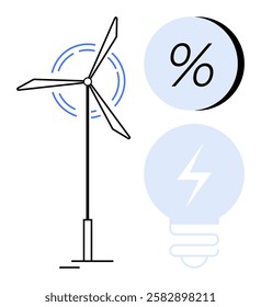 Wind turbine generating energy next to a percent symbol and a lightbulb with lightning. Ideal for renewable energy, green technology, sustainability, environmental awareness, clean power, electricity