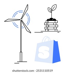 Wind turbine generating energy, small plant growing in stacked soil, and a shopping bag with a prominent S symbolize sustainability and eco-friendly practices. Ideal for promoting renewable energy