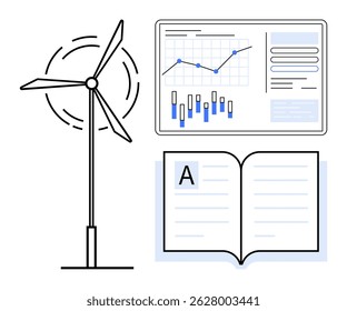 Gerador de turbina eólica, tela exibindo análises com gráficos e um livro aberto. Ideal para energia renovável, educação, análise de dados, pesquisa, tecnologia, sustentabilidade e meio ambiente