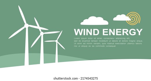 Wind turbine generator illustration banner. Wind power to generate electricity. Low carbon power to limit climate change. The renewable and clean energy source for sustainable development.