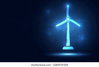 Wind turbine generator on blue abstract digital binary code background. Technology and energy concept. New futuristic system technology sign and symbol. Vector illustration.