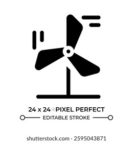 Wind turbine glyph ui icon. Rotating windmill propeller. Renewable power generation source. Electric substation. Black solid silhouette symbol vector. User interface element isolated, pixel perfect