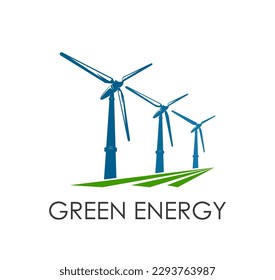 Icono de energía limpia verde de turbina eólica. Emblema vectorial para tecnología de energía ecológica renovable. Fuentes de electricidad alternativas y respetuosas con la naturaleza innovadoras. Símbolo de energía sostenible de molino de viento aislado