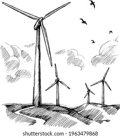 Wind Turbine, Green Energy Hand Drawn Sketch