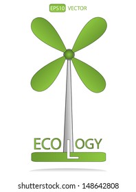 Wind turbine with green leaf. Isolated green vector icon design.