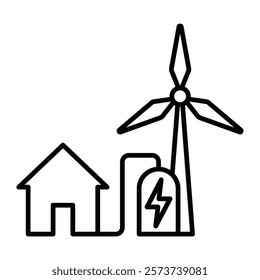 Wind turbine and house with energy symbol. Editable stroke.