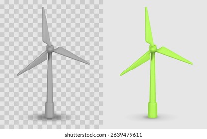 Wind Turbine Icon in 3D Cartoon Style with Transparent and Colored Backgrounds. Perfect for Renewable Energy, Eco Concepts, or Technology Projects. Vector Illustration.