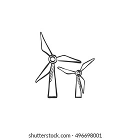 Wind turbine icon in doodle sketch lines. Power generation energy renewable
