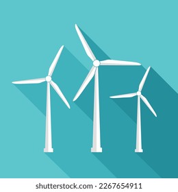 Wind turbine icon with flat design style with shadow. Renewable energy concept with windmill silhouette.