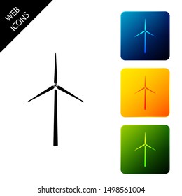 Windturbinensymbol einzeln. Windgeneratorzeichen. Windmühle-Silhouette. Windmühlen für die Stromerzeugung. Stellen Sie Symbole mit bunten Quadrat-Schaltflächen ein. Vektorillustration-Illustration