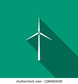 Wind turbine icon isolated with long shadow. Wind generator sign. Windmill silhouette. Windmills for electric power production. Flat design. Vector Illustration