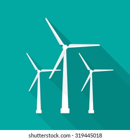 Wind turbine icon with long shadow. Flat design style. Windmill silhouette. Simple icon. Modern flat icon in stylish colors. Web site page and mobile app design element.