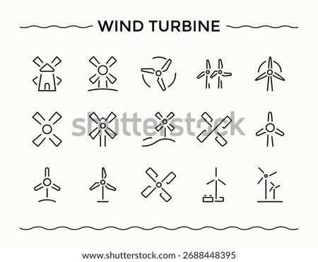 Wind Turbine icon pack. Featuring renewable, energy, mill, environment, power, nature and more. Turbine icon set. Minimalist editable vector stroke. Vector collections.