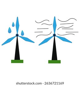 Wind turbine icon. Renewable energy sign. Blue rain drops. Vector power symbol.