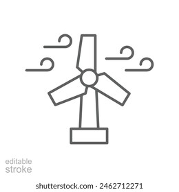 Wind turbine icon. Simple outline style. Wind power, generation, solar, plant, water, factory, electric, renewable energy concept. Thin line symbol. Vector illustration isolated. Editable stroke.