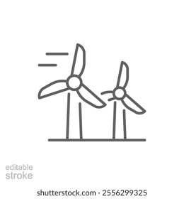 Wind turbine icon. Simple outline style. Windmill, wind power, working from power of wind, energy converter, renewable energy concept. Thin line symbol. Vector illustration isolated. Editable stroke.