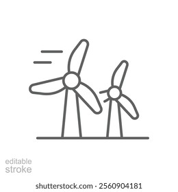 Wind turbine icon. Simple outline style. Windmill, wind power, working from power of wind, energy converter, renewable energy concept. Thin line symbol. Vector illustration isolated. Editable stroke.