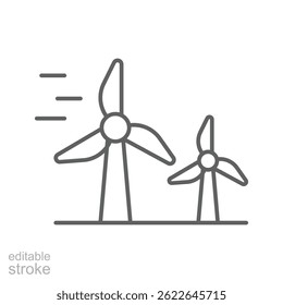 Wind turbine icon. Simple outline style. Windmill, wind power, working from power of wind, energy converter, renewable energy concept. Thin line symbol. Vector illustration isolated. Editable stroke.