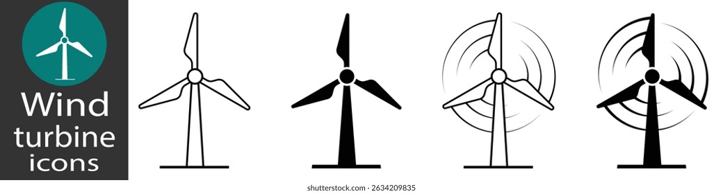 Vetor de ícone de turbina eólica, Vetor de símbolo de ícone de turbina isolado em fundo branco. Ícones de energia eólica. Símbolos de energia alternativa. Ilustração vetorial. 