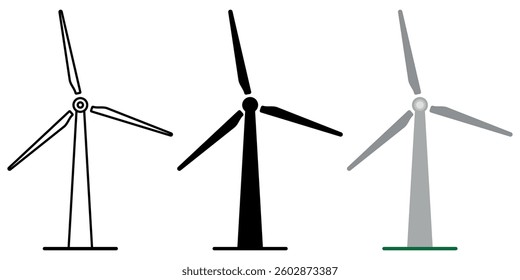 Wind turbine icons in different styles: outline, solid, and semi-transparent. Ideal for renewable energy, sustainability, and eco-friendly concepts.  
