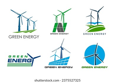 Iconos de turbinas eólicas, energías limpias y generadores de energía, molino de viento eléctrico vectorial. Iconos de tecnología de generación de energía sostenible para turbinas eólicas y paneles solares para generación de energía ecológica