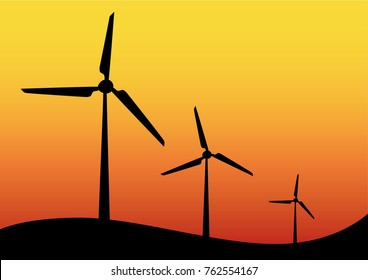 Wind turbine icons on hilltop against a colorful orange sunset sky in a concept of renewable sustainable electricity from conversion of kinetic energy, vector illustration