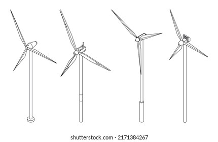 Wind turbine icons set. Isometric set of wind turbine vector icons outline isolated on white background