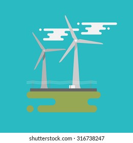 Wind turbine illustration in flat style over color background