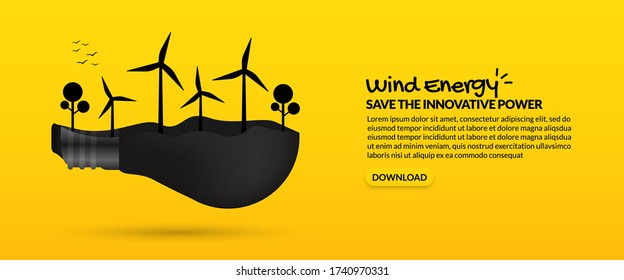 Wind turbine inside light bulb on yellow background, alternative energy concept