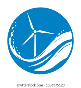 wind turbine inside ocean wave, vector logo icon