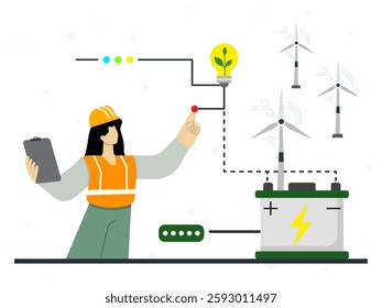 Wind turbine installation concept. A female engineer shows a light bulb that lights up connected to a battery from wind turbine.