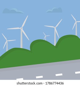 Anlagenkonzept für Windkraftanlagen. Pflege der Ökologie und der Umwelt. Die richtige Energie. Vektorgrafik