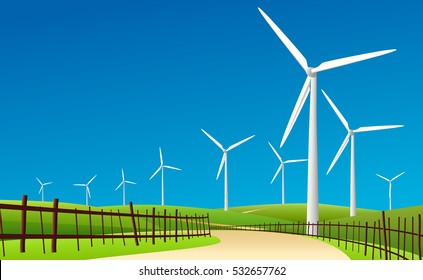 Wind Turbine Landscape And Blue Sky In Countryside Graphic Vector