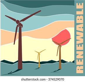 Wind Turbine landscape illustration. Renewable energy development relative theme