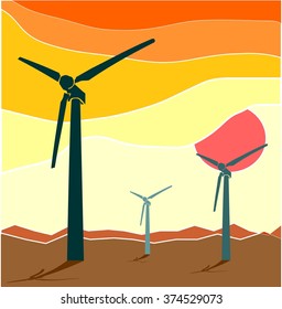 Wind Turbine landscape illustration. Renewable energy development relative theme