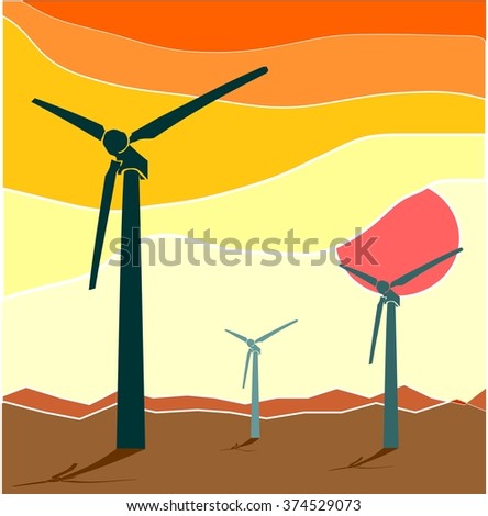 Wind Turbine landscape illustration. Renewable energy development relative theme