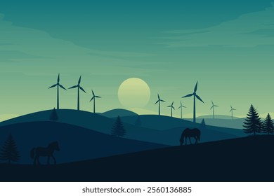 Wind Turbine Landscape at Sunset, Renewable Energy in Rolling Hills Illustration