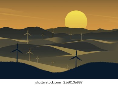 Wind Turbine Landscape at Sunset, Renewable Energy in Rolling Hills Illustration