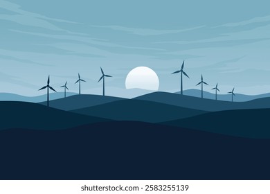 Wind Turbine Landscape at Sunset, Renewable Energy in Rolling Hills Illustration